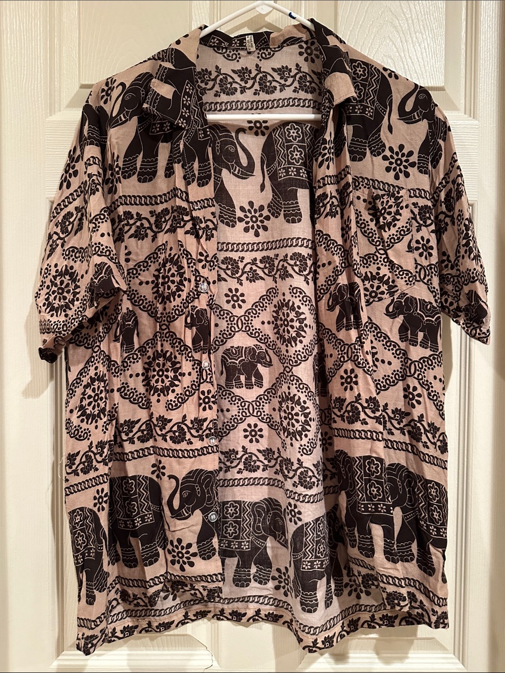 Elephant Print Button-Up Shirt - Black on Beige